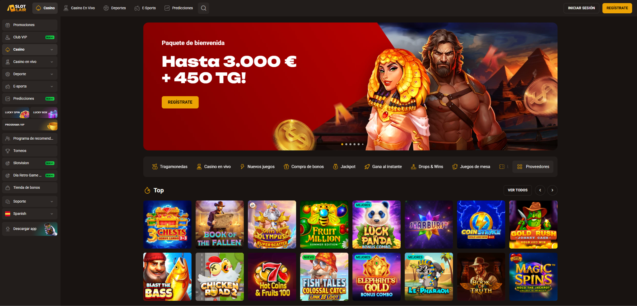 Pantalla principal del casino online SlotLair con acceso a la app nativa, jackpots progresivos y sección de casino en vivo en español