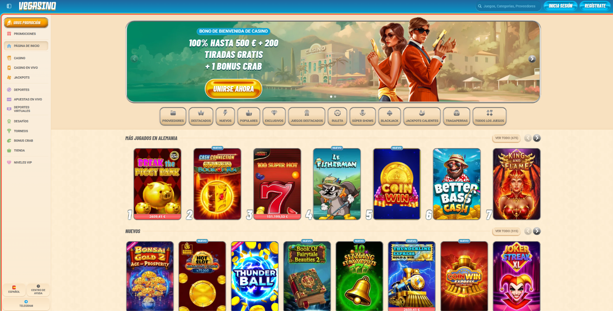 Lobby de Vegasino casino online con ruleta en vivo, sportsbook y más de 10000 juegos disponibles para jugadores españoles en 2026