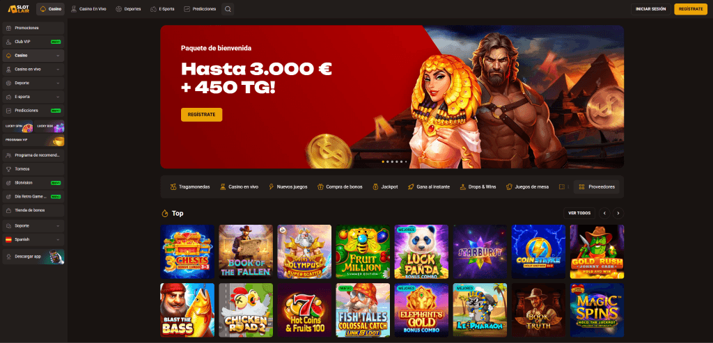 Pantalla principal del casino online SlotLair con acceso a la app nativa, jackpots progresivos y sección de casino en vivo en español