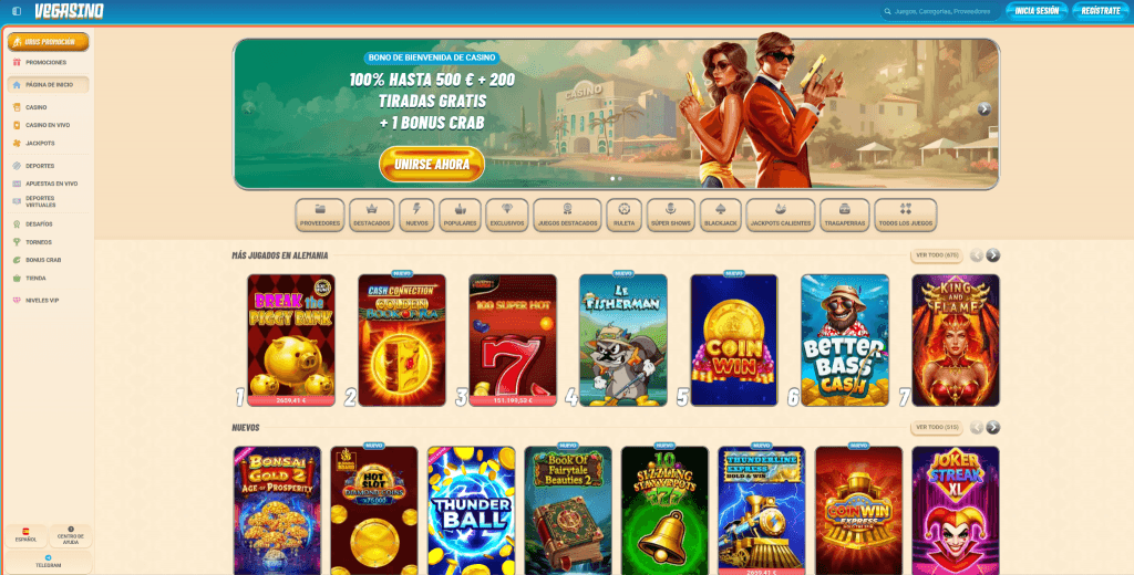 Lobby de Vegasino casino online con ruleta en vivo, sportsbook y más de 10000 juegos disponibles para jugadores españoles en 2026