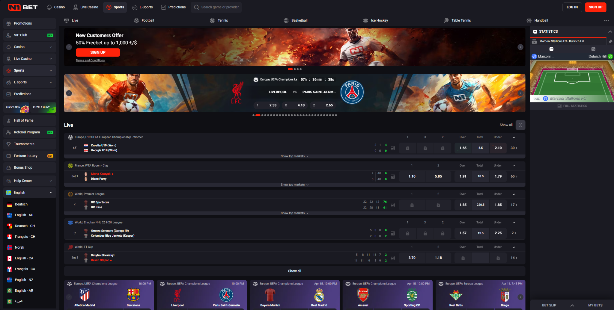 Pantalla principal del casino online N1 Bet con licencia Curaçao verificada y paquete de bienvenida de hasta 14000 euros para España