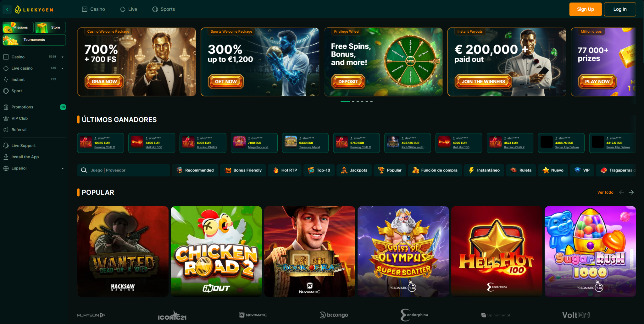 Casino online LuckyGem con filtros de RTP alto y catálogo de más de 5000 slots con 700 giros gratis de bienvenida para España