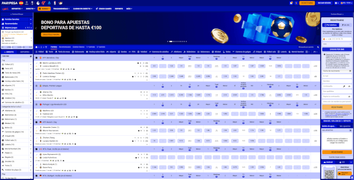 Interfaz del casino online Paripesa con app nativa para iOS y Android y sportsbook con más de 9300 eventos activos en español