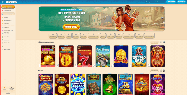 Lobby de Vegasino casino online con ruleta en vivo, sportsbook y más de 10000 juegos disponibles para jugadores españoles en 2026