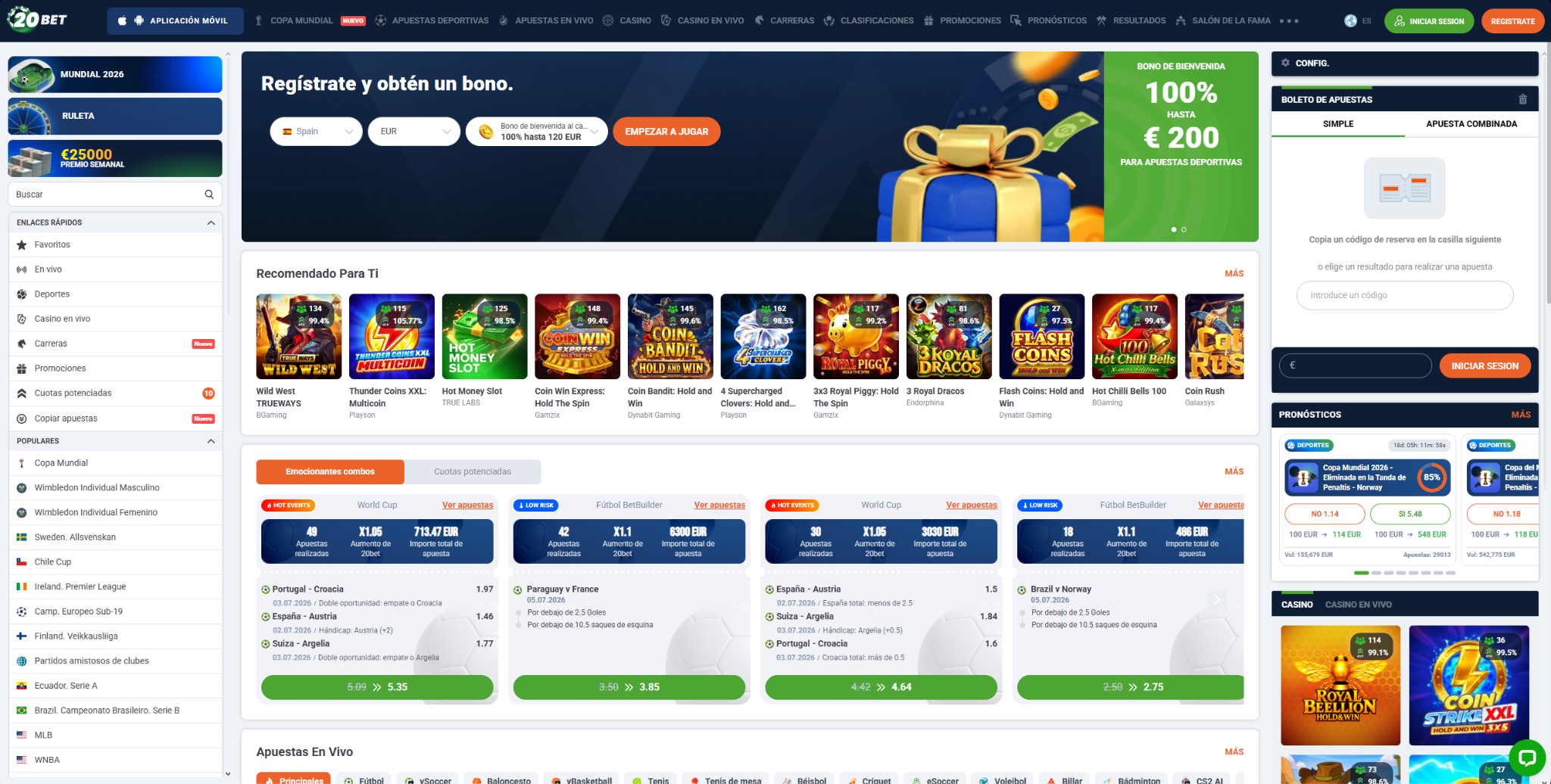 Página principal de 20bet, casa de apuestas online con licencia internacional disponible en España en 2026