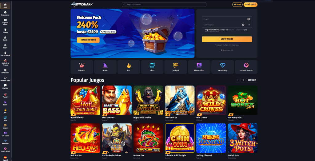 Lobby del casino online Winshark con catálogo de juegos y bono de bienvenida del 240% disponible para jugadores en España