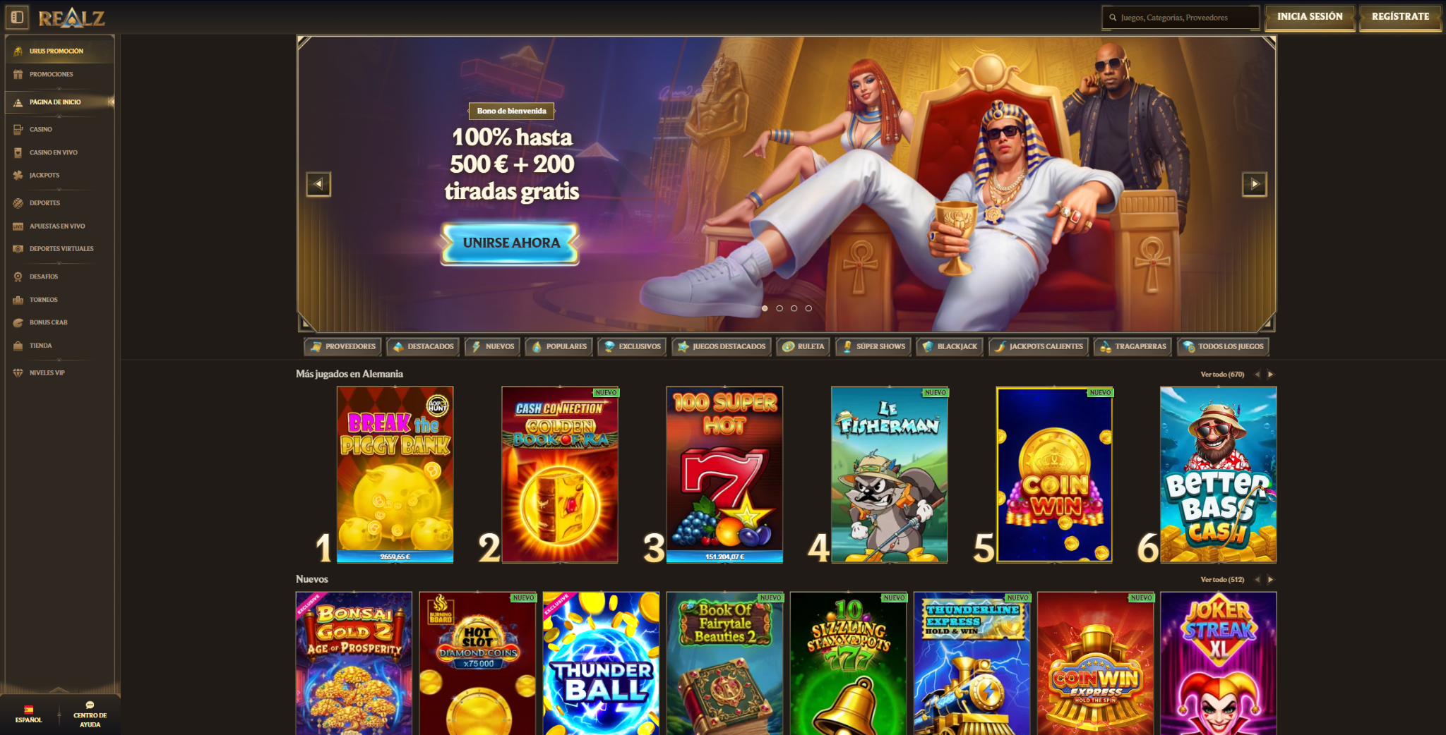 Página principal del casino en línea Realz con acceso al sportsbook integrado y cuatro bonos de bienvenida para el mercado español