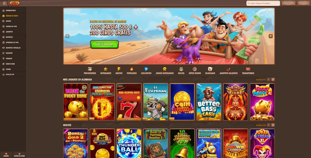 Página de inicio del casino online Stone Vegas con cashback semanal del 15 por ciento y depósito mínimo de 10 euros para España