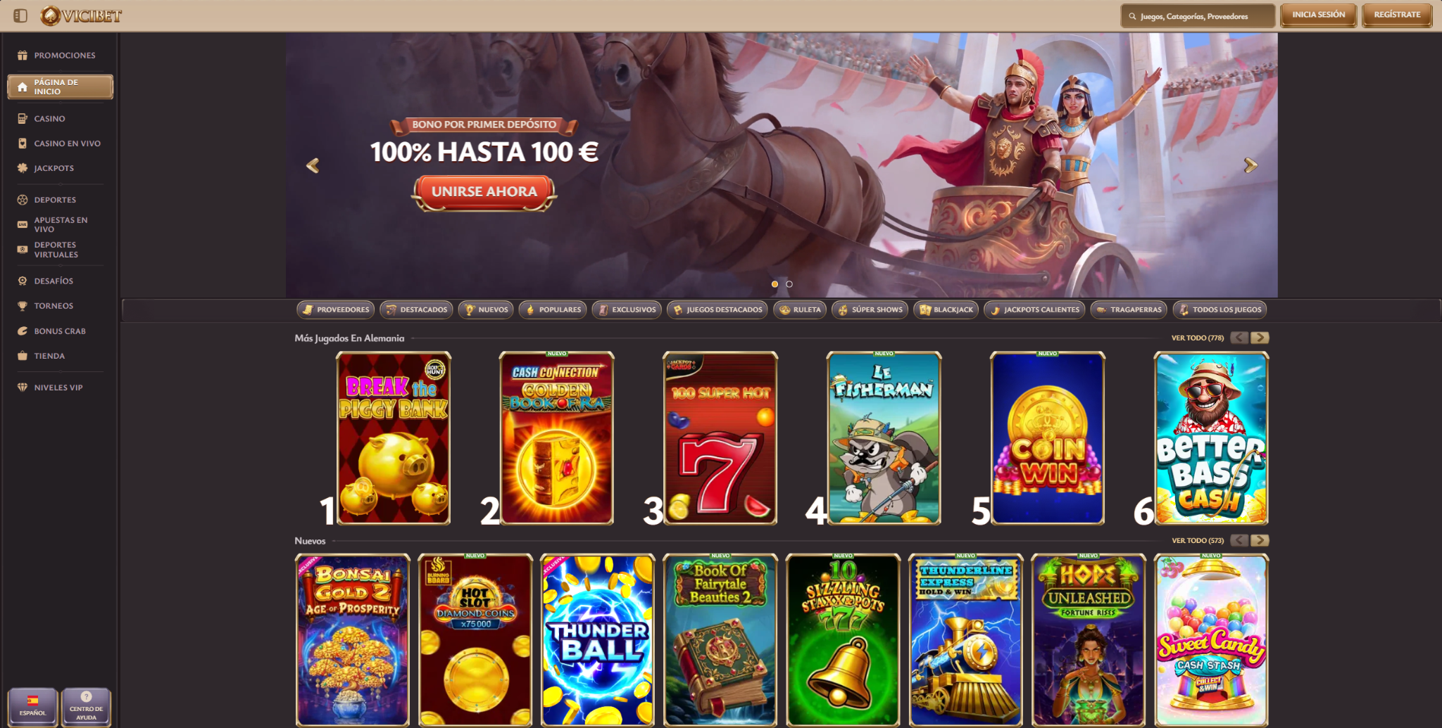 Lobby del casino online Vicibet con más de 14000 juegos de casino, 222 mesas de ruleta en vivo y bono del 325 por ciento