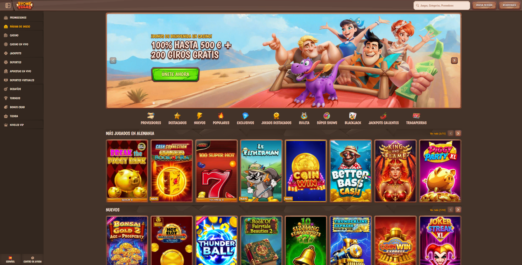 Página de inicio del casino online Stone Vegas con cashback semanal del 15 por ciento y depósito mínimo de 10 euros para España