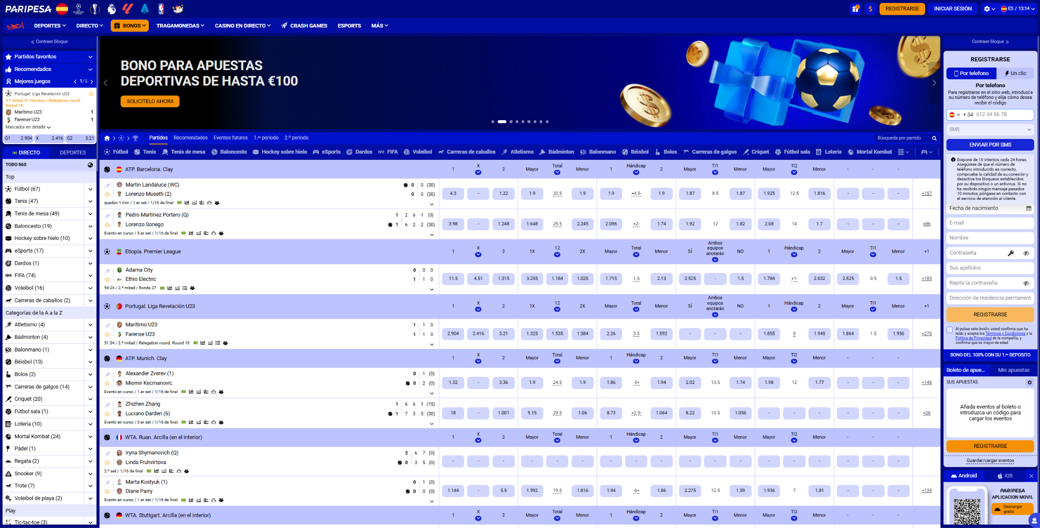 Interfaz del casino online Paripesa con app nativa para iOS y Android y sportsbook con más de 9300 eventos activos en español