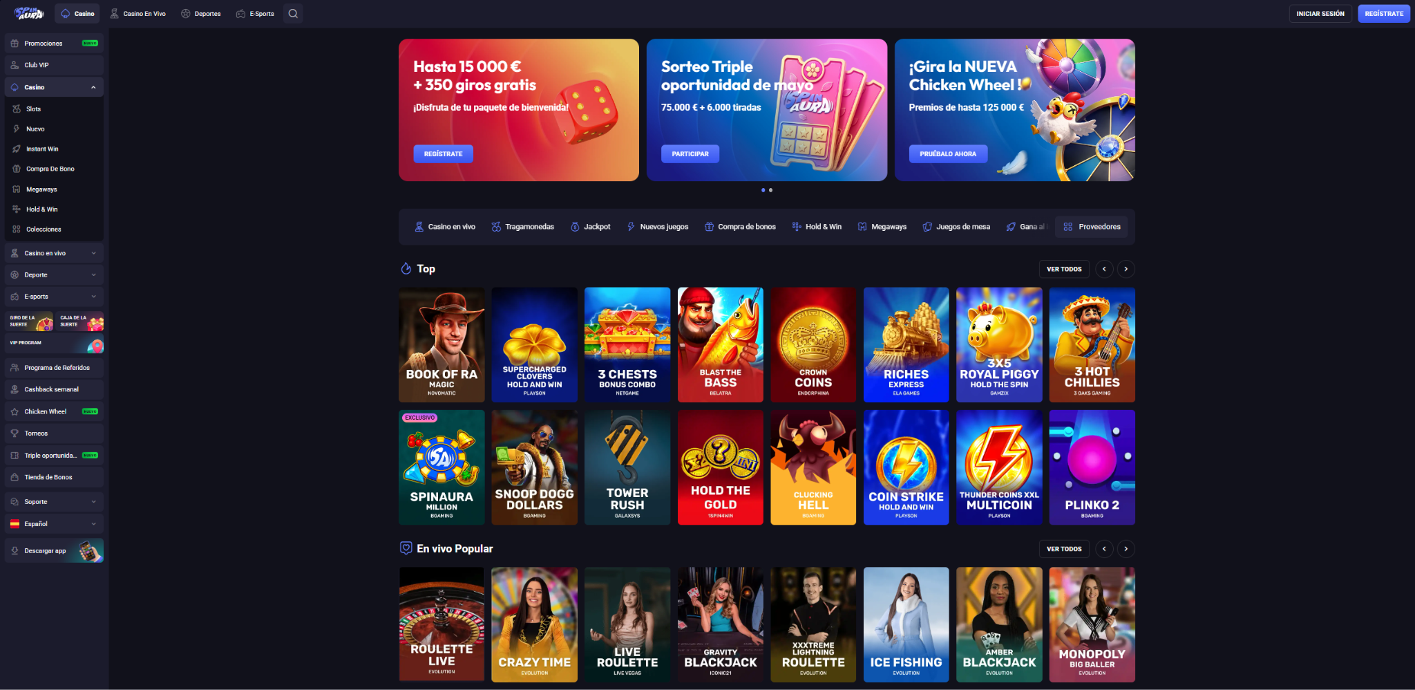 Interfaz del casino online SpinAura mostrando el paquete de bienvenida de hasta 15000 euros y sección de casino en vivo con crupier
